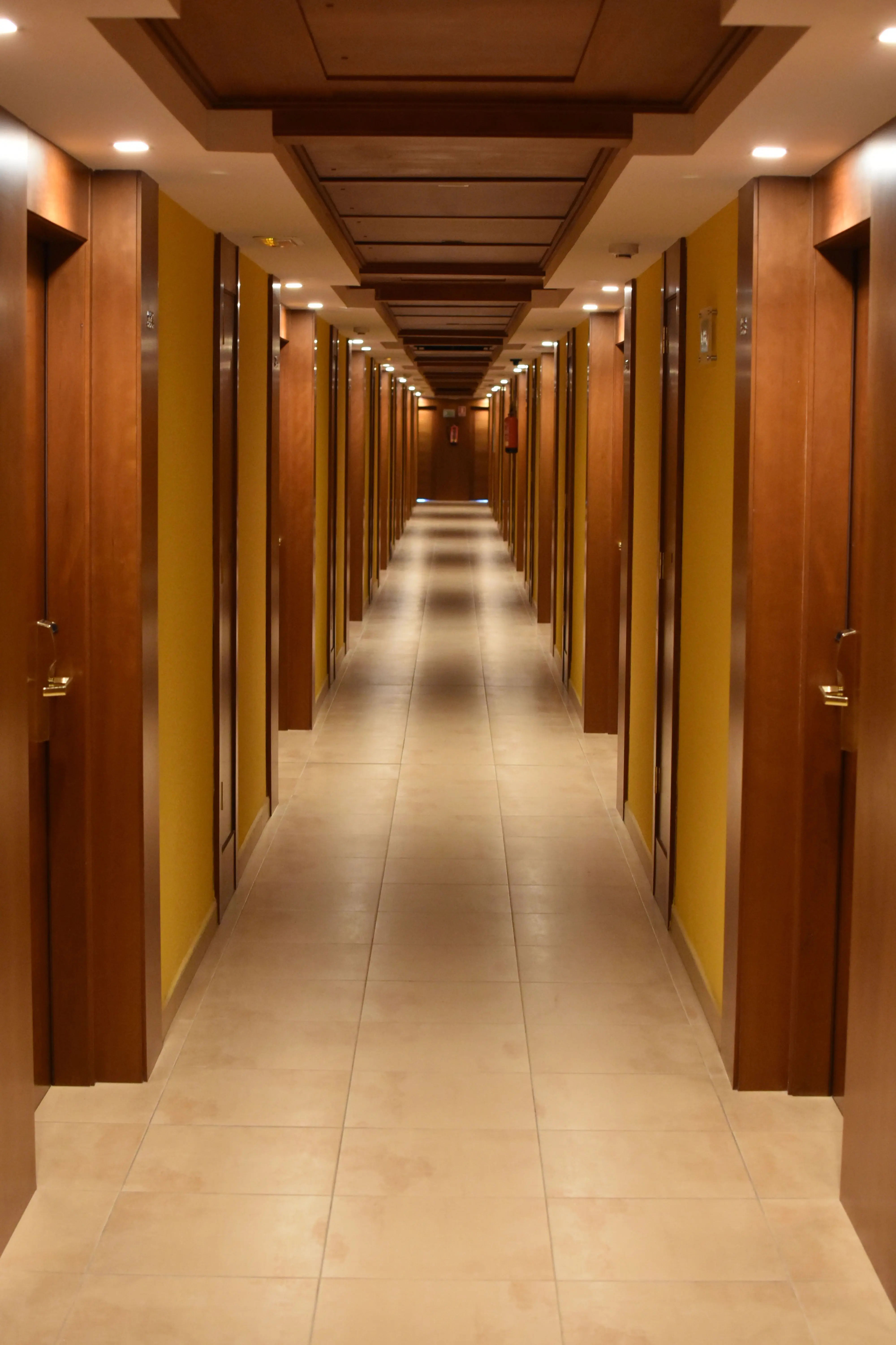 Hotel corridor lined with guest room doors
